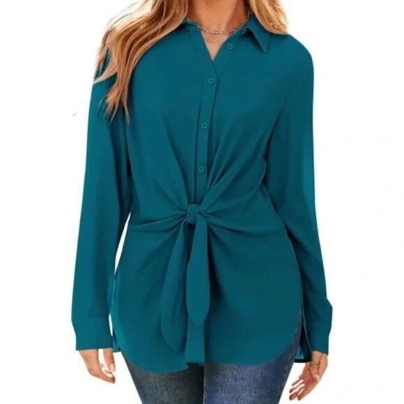 Grace Karin Teal Button-Up Blouse W/ Tie Front & Collared Neckline 2XL - Picture 1 of 16